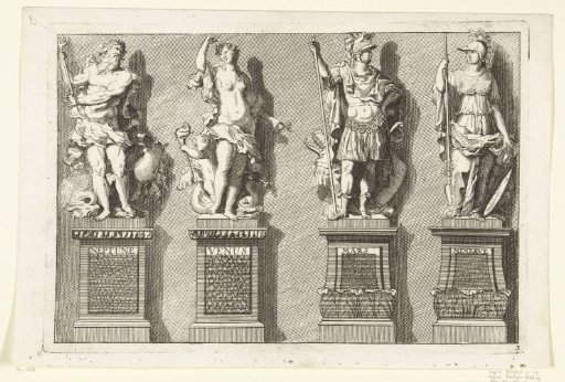Four statues on pedestals: Neptune, Venus, Mars, Minerva