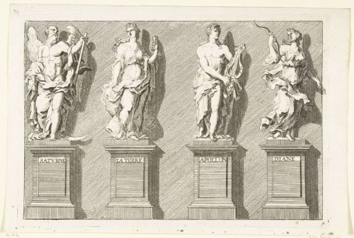 Four statues on pedestals: Saturn, Earth, Apollo, Diana