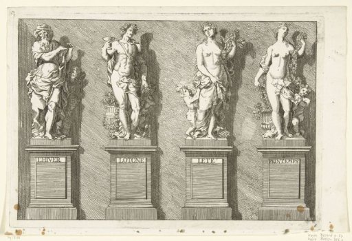 Four statues on pedestals: Winter, Autumn, Summer, Spring