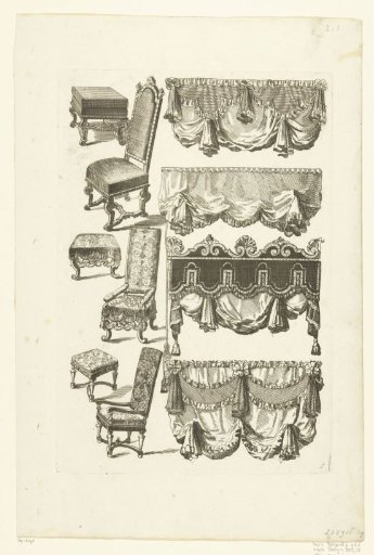 Four border decorations of baldachins or valances and three pairs of chairs with footstools
