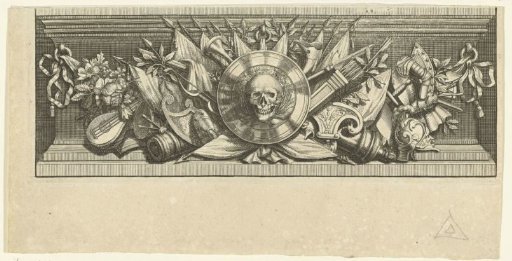 Armorial trophy with shield and skull
