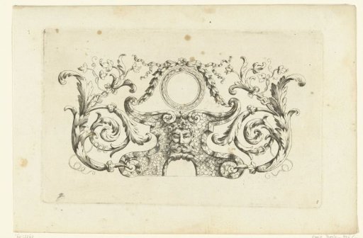 Frieze with empty round medallion above cartouche with mask