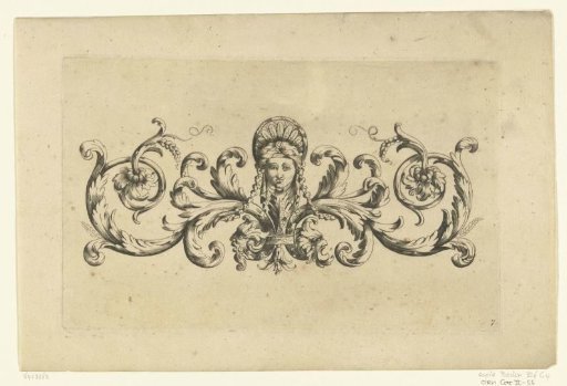 Frieze with leaf scrolls and mask