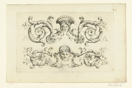 Two friezes with leaf scrolls and masks