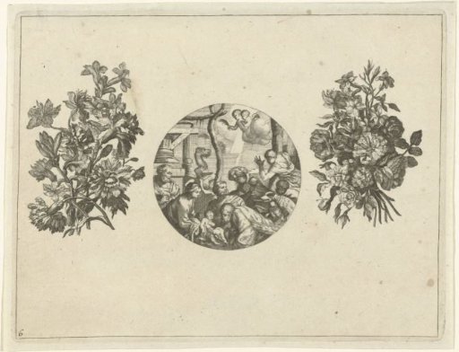 Clock case between two bouquets