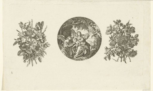 Clock case between two bouquets