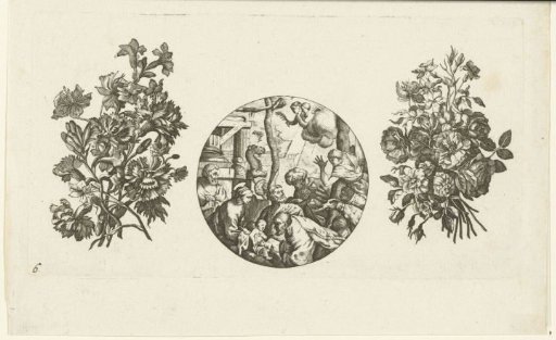 Clock case between two bouquets
