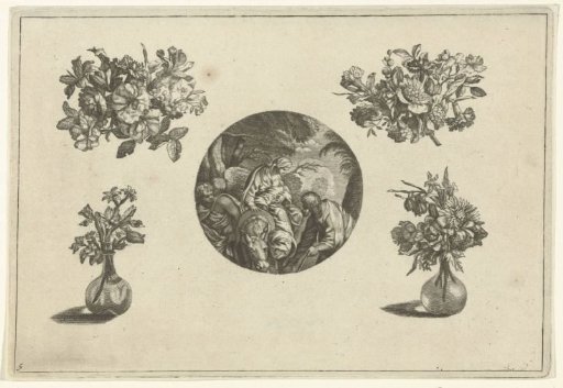 Clock case between bouquets and flower vases