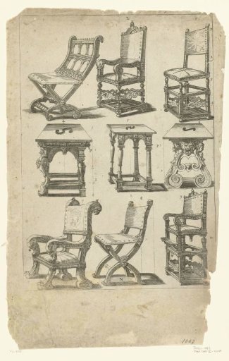 Six chairs and three stools