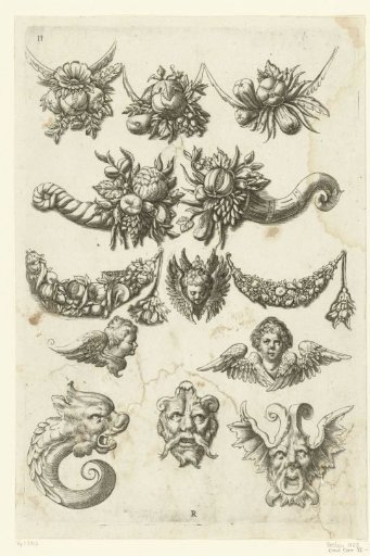 Three festoons, two cornucopias, two garlands, three cherub heads, a dolphin and two masks