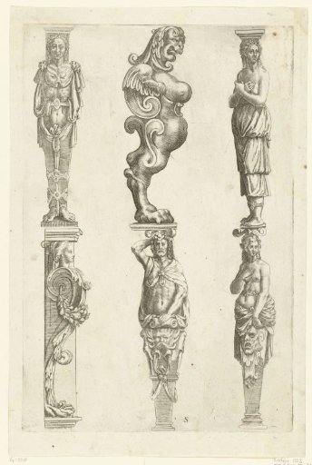 Caryatid, three herm pillars, pilaster decoration and monster