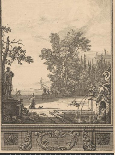 Landscape with a sculpture, fountain and harbour view
