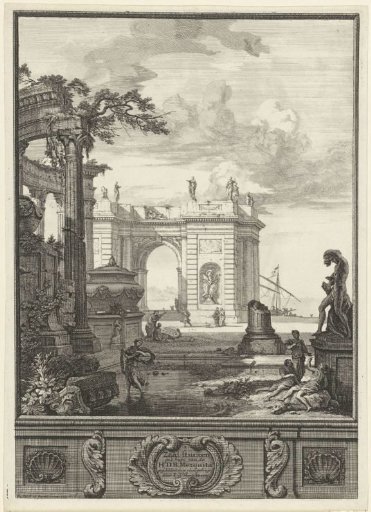 Landscape with classical statues and buildings