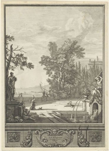 Landscape with a sculpture, fountain, and view of a harbor