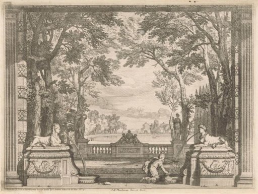 Park landscape with two sphinxes