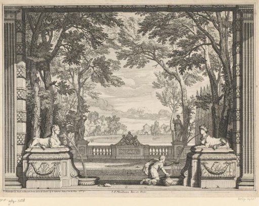 Park landscape with two sphinxes
