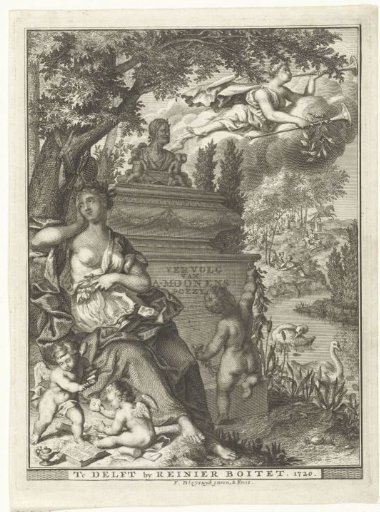 Muse and putti sit by the grave monument of poet Arnold Moonen
