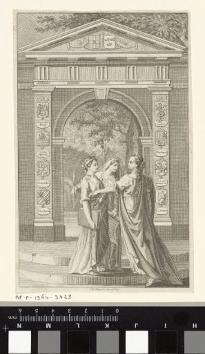 Three allegorical figures before a gate