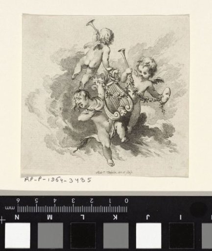 Vignette with three putti with trumpets and a harp