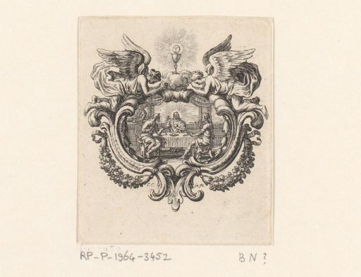 Supper at Emmaus in a cartouche with two angels