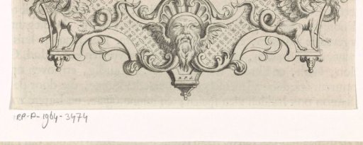 Vignette with a mask, scrollwork, and hybrid creatures