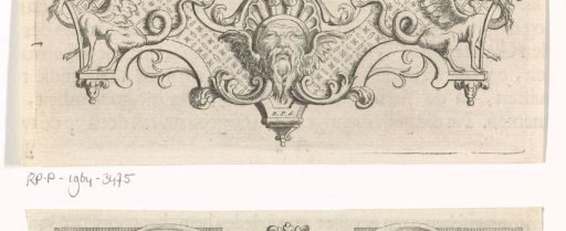 Vignette with a mask, scrollwork, and hybrid creatures