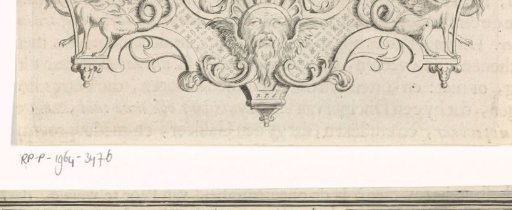 Vignette with a mask, scrollwork, and hybrid creatures