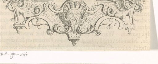 Vignette with a mask, scrollwork, and hybrid creatures