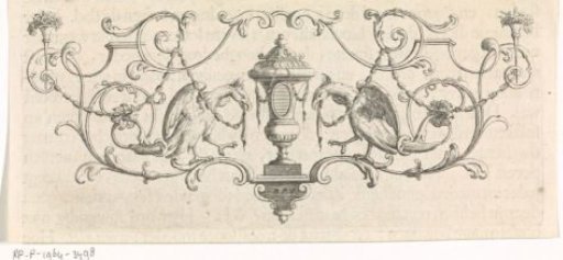 Vase flanked by birds with garlands in their beaks