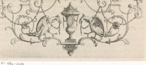 Vase flanked by birds with garlands in their beaks
