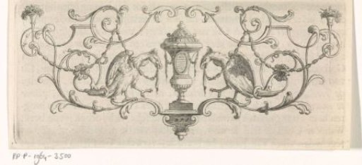 Vase flanked by birds with garlands in their beaks
