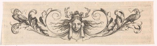 Vignette with a mask, two birds, and leafy tendrils