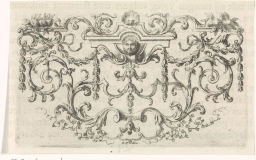 Ornament with a mask, garlands, leafy tendrils, and a shell