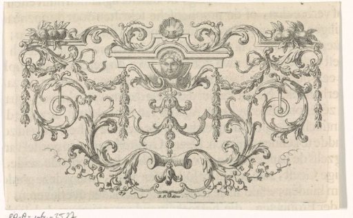 Ornament with a mask, garlands, leafy tendrils, and a shell