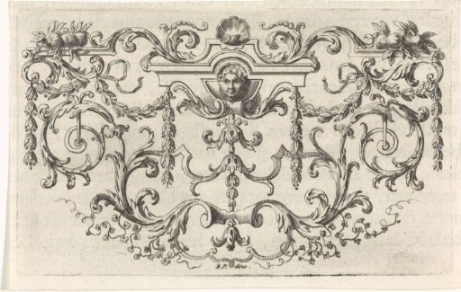 Ornament with a mask, garlands, leafy tendrils, and a shell