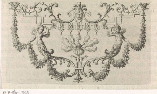 Incense burner in a frame with garlands and hybrid putti