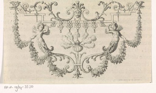 Incense burner in a frame with garlands and hybrid putti