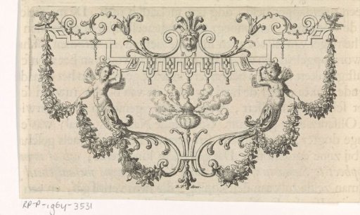 Incense burner in a frame with garlands and hybrid putti