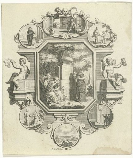 Cartouche with a tomb in a landscape