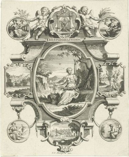 Cartouche with woman in landscape