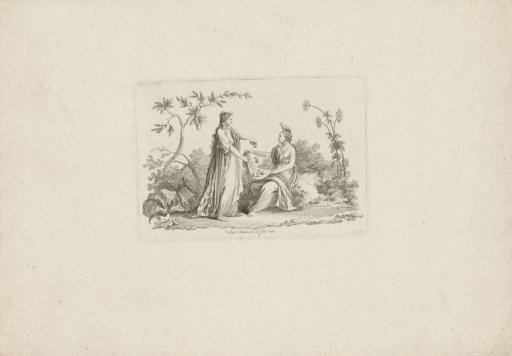 Two women with fruits and flowers