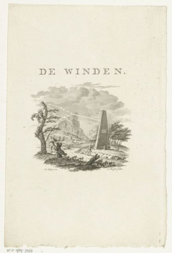 Vignette with a landscape and figures bending under the wind