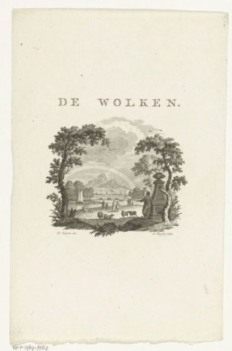 Vignette with a river landscape and a rainbow in the clouds