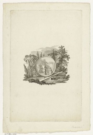 Vignette with Christ and mourning Mary Magdalene after his resurrection in a medallion with three instruments of the Passion in a landscape