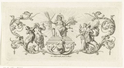 Allegory of justice with virtues and vices and leaf ornaments