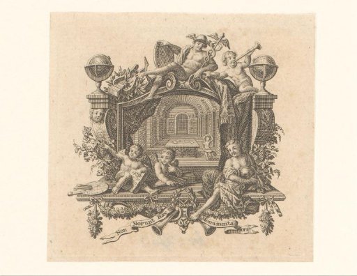 Vignette with figure in a hall or library, Mercury and putti