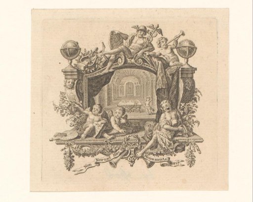 Vignette with figure in a hall or library, Mercury and putti