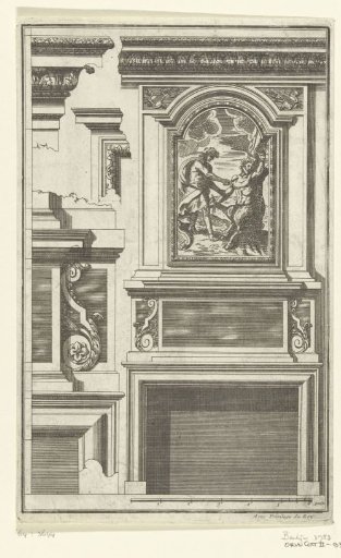 Lower panel with a painting of Apollo and Marsyas
