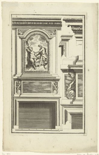 Lower panel with a painting of Apollo and Marsyas