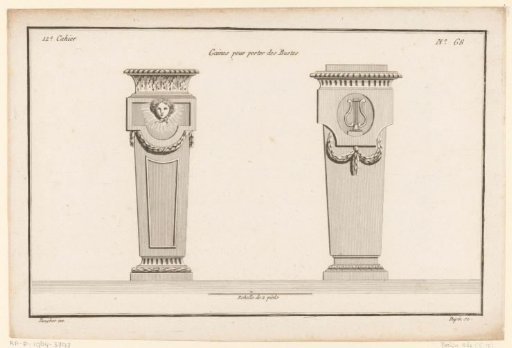 Two pedestals with mask and lyre